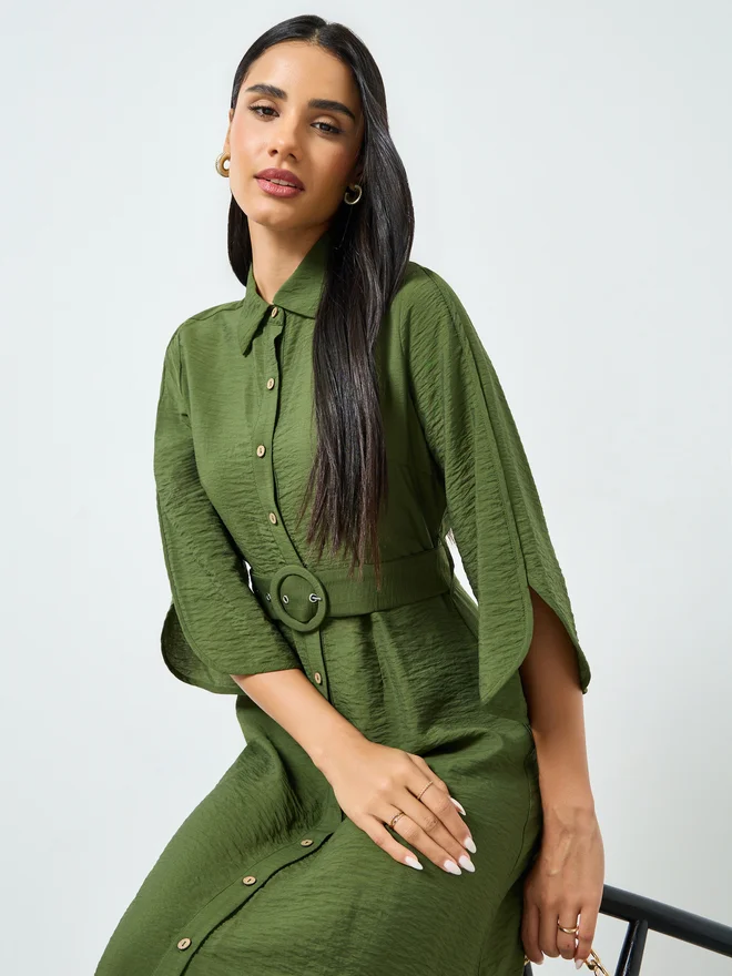 Styli  Styli Olive Solid Shirt Maxi Dress with Belt for Women | Best Price UAE