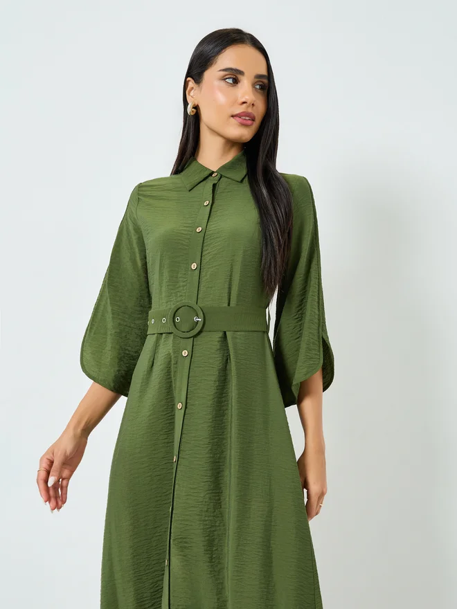 Styli  Styli Olive Solid Shirt Maxi Dress with Belt for Women | Best Price UAE
