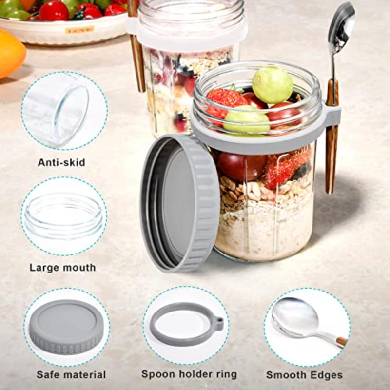 برطمانات ماسون للشوفان طوال الليل: 4 عبوات من حاويات الشوفان طوال الليل مع أغطية وملاعق - حاويات تخزين طعام زجاجية سعة 16 أونصة للحليب والحبوب والفواكه - برطمانات الشوفان/برطمانات التعليب/برطمانات وعلب الطعام - Image 5