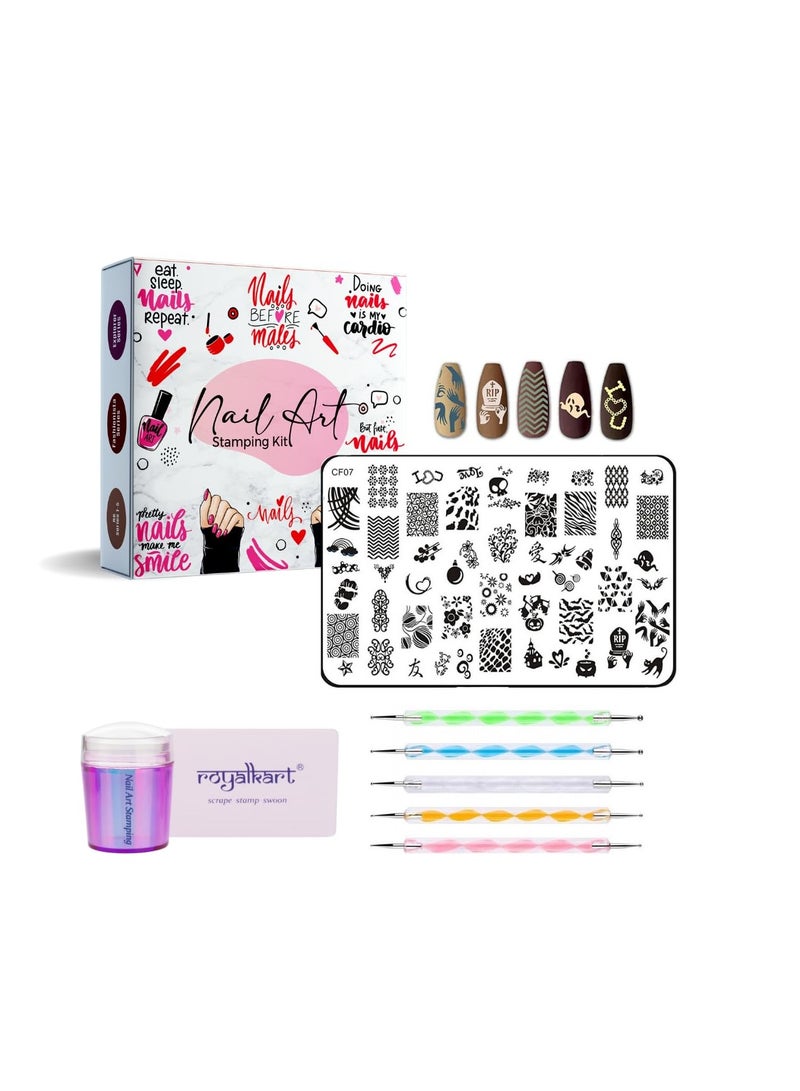 Royalkart Nail Art Stamping Kit Jumbo Image Plate With Soft Nail Silicon Stamper, Scraper & 5pcs Double-Sided Dotting Tool(CF07) - Image 1