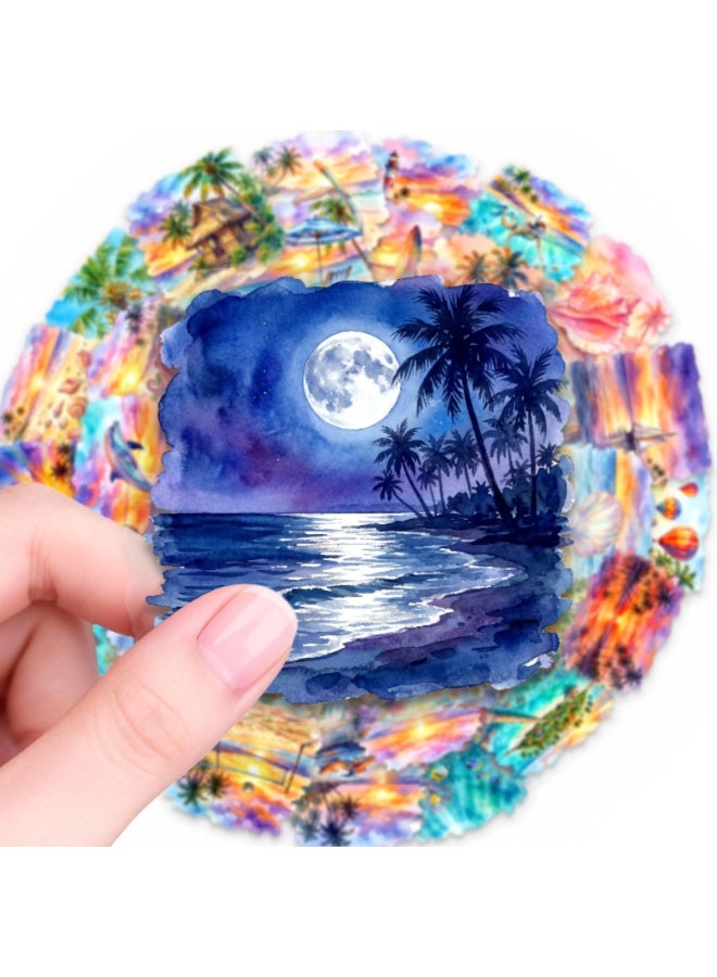 50Pcs Watercolor Tropical Beach Hawaii Island Stickers for Teens Adults Cute Summer Surfing palm trees sunsets Transparent PET Waterproof Stickers for Laptop Water Bottle Phone Case Scrapbook - Image 2