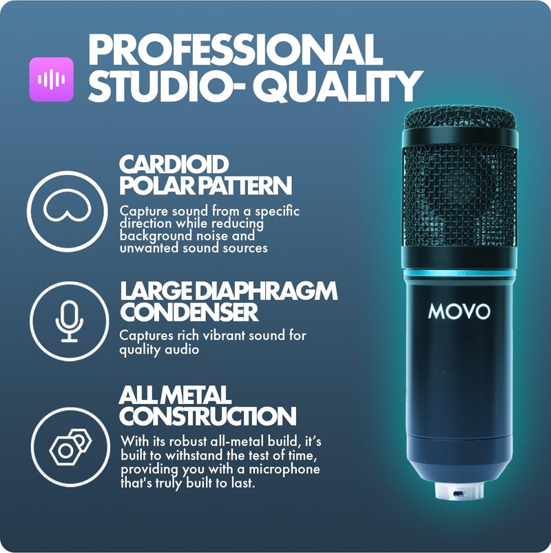 Movo PodPak2T 2-Pack Universal XLR Condenser Microphone Podcasting Equipment Bundle for 2 - Includes 2 Cardioid Mics, Desktop Stands, Shock Mounts, Pop Filters and Cables - Podcast and YouTube Kit - Image 2
