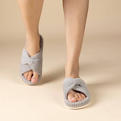 Chantomoo Slippers for Women Memory Foam House Bedroom Corduroy Bow Crossbands Slipper Shoes Comfy Trendy Gift Slippers Grey Size 11 12 10.5 - Image 2