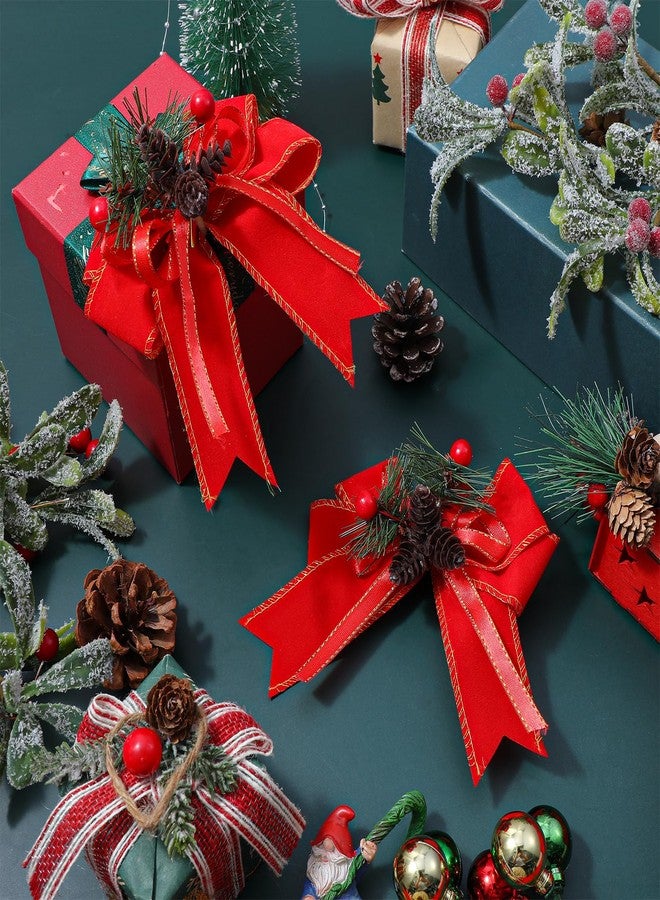 Prasacco 6 Pcs Christmas Bows with Pine Cones, Red Velvet Xmas Velvet Bows Red Ribbon Christmas Tree Wreath Decorations Gift for Indoor Outdoor Xmas Party DIY Crafts - Image 3