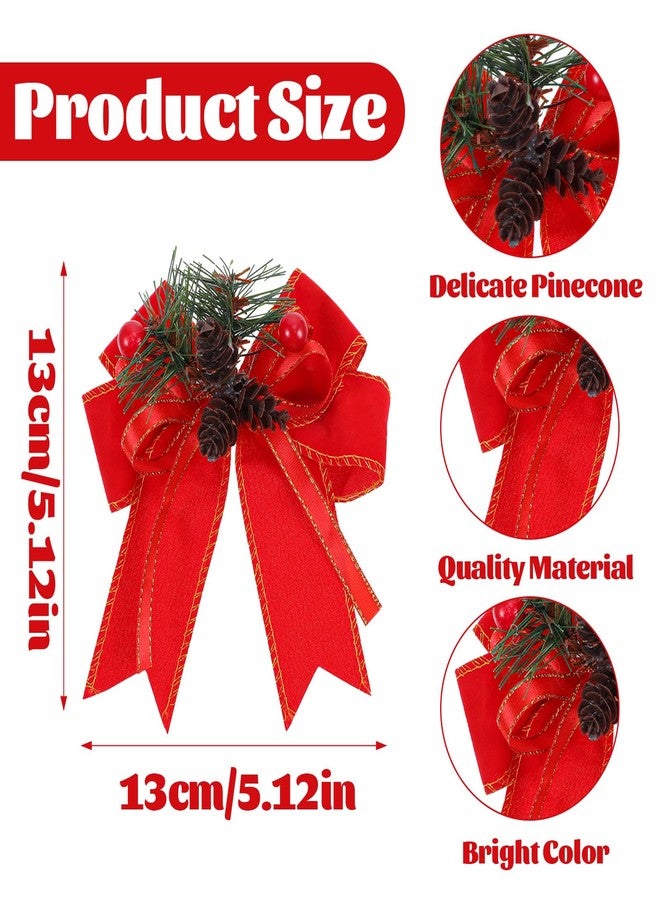 Prasacco 6 Pcs Christmas Bows with Pine Cones, Red Velvet Xmas Velvet Bows Red Ribbon Christmas Tree Wreath Decorations Gift for Indoor Outdoor Xmas Party DIY Crafts - Image 2