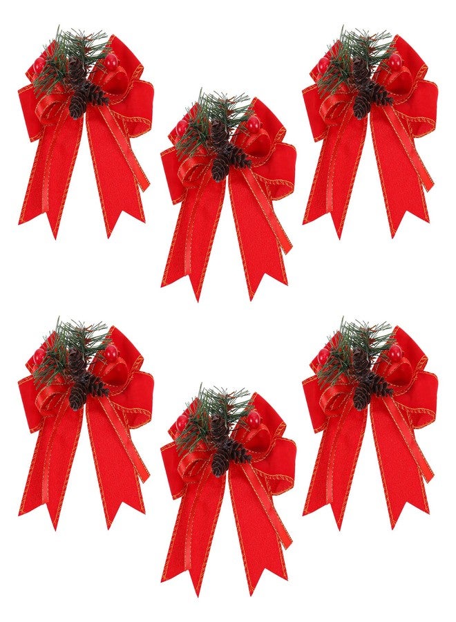 Prasacco 6 Pcs Christmas Bows with Pine Cones, Red Velvet Xmas Velvet Bows Red Ribbon Christmas Tree Wreath Decorations Gift for Indoor Outdoor Xmas Party DIY Crafts - Image 1