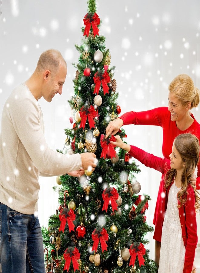 Prasacco 6 Pcs Christmas Bows with Pine Cones, Red Velvet Xmas Velvet Bows Red Ribbon Christmas Tree Wreath Decorations Gift for Indoor Outdoor Xmas Party DIY Crafts - Image 5