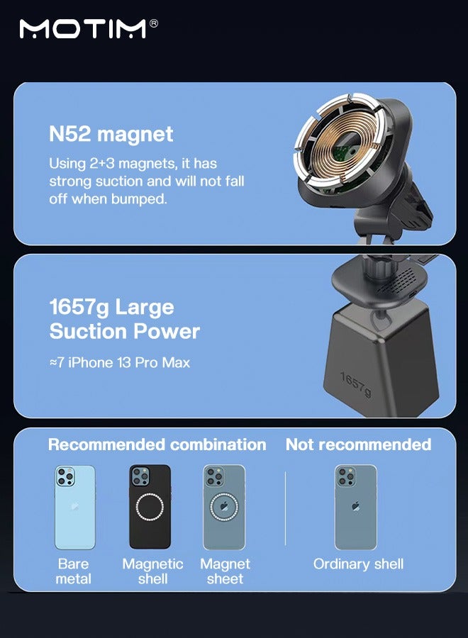 MagSafe Car Phone Holder, 15W Wireless Charging Car Mount with Strong N52 Magnet, 360° Rotation, Secure Grip, Universal Fit for iPhone 16/15/14/13/12 Series, Samsung S25/S24 Ultra, Pixel 9, OnePlus 12, Xiaomi etc