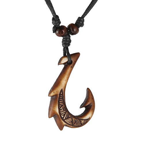 STWTR Men's and Women's Hawaiian Fish Hook Pendant Hemp Rope Chain-Maori Tribal Necklace (brown) - Image 1