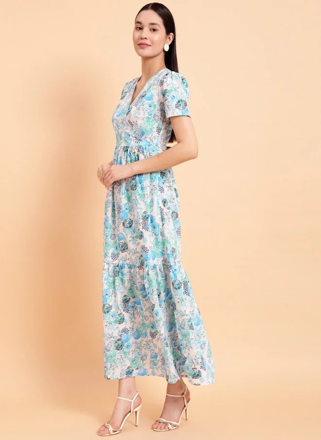 MINT STREET Floral Printed V-Neck Maxi Dress for Women