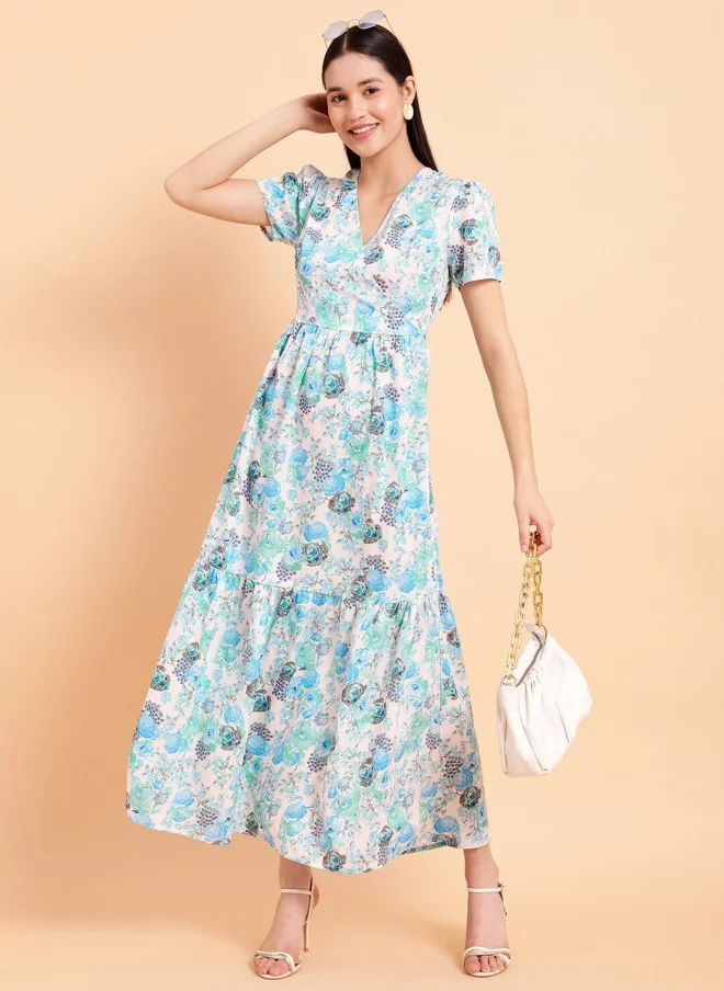 MINT STREET Floral Printed V-Neck Maxi Dress for Women