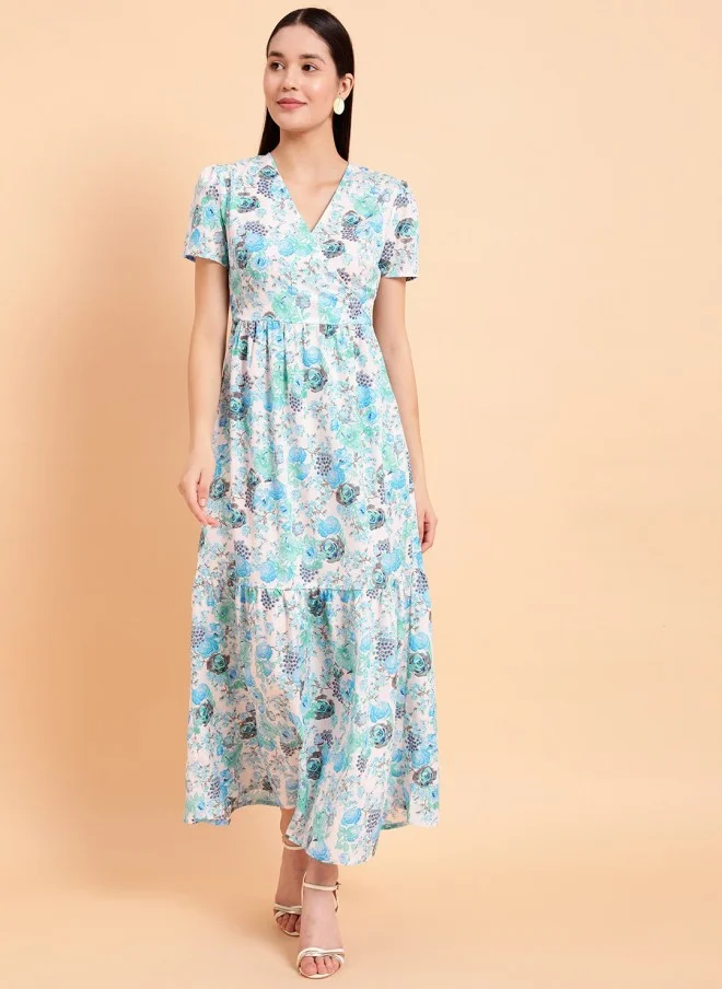 MINT STREET Floral Printed V-Neck Maxi Dress for Women