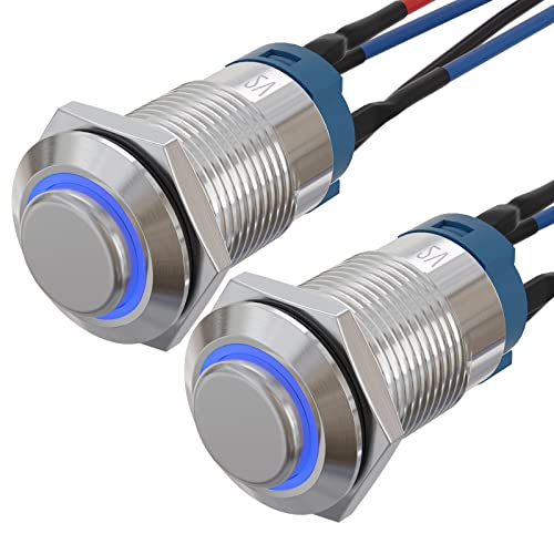 APIELE (Pcs of 2) 12mm Momentary Push Button Switch High Round Head Stainless Steel 1 Normally Open with Ring Led (Blue) - Image 1