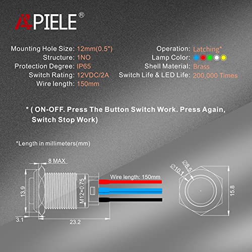 APIELE (Pcs of 2) 12mm Momentary Push Button Switch High Round Head Stainless Steel 1 Normally Open with Ring Led (Blue) - Image 2