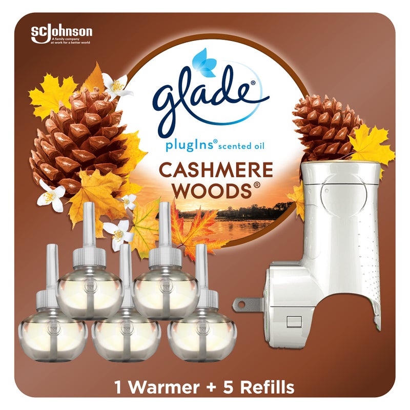 Glade PlugIns Refills Air Freshener Starter Kit, Scented and Essential Oils for Home and Bathroom, Cashmere Woods, 3.35 Fl Oz, 1 Warmer + 5 Refills - Image 1