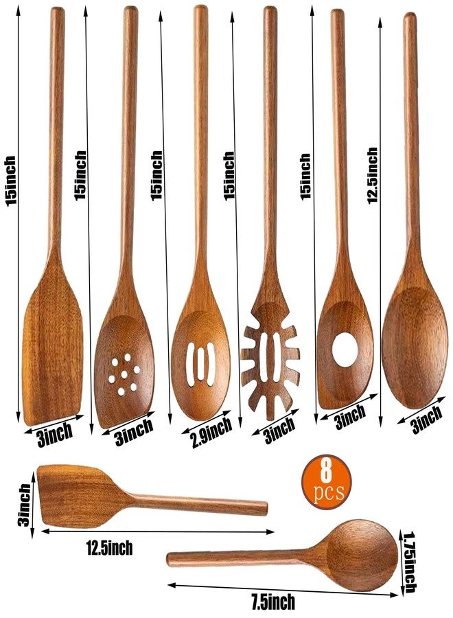 ToiULik 8 Pcs Natural Acacia Cooking Wooden Spoon Set - Handmade Wooden Spatula, Slotted Spoon, Solid Spoon Set, Pasta Spoon, Essential Wooden Utensil Set for Non-Stick Cookware, Stir-Frying, Baking, - Image 2