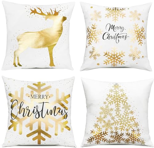 ONWAY Christmas Gold White Throw Pillow Covers 20x20 Inch Set of 4 Snowflakes Decorations Cushion Cases Xmas Decor for Couch Sofa Car Bedroom - Image 1