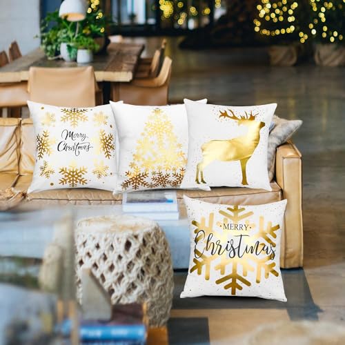ONWAY Christmas Gold White Throw Pillow Covers 20x20 Inch Set of 4 Snowflakes Decorations Cushion Cases Xmas Decor for Couch Sofa Car Bedroom - Image 3