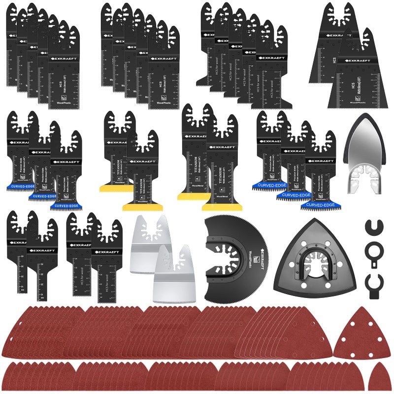 EXKRAEFT 136 PCS Oscillating Tool Blade, Multi Tool Blades Kits with Sandpaper, Arc Edge & Titanium, Oscillating Saw Blades for Wood Metal, Universal Multitool Blades Fit Milwaukee, Ryobi - Image 1