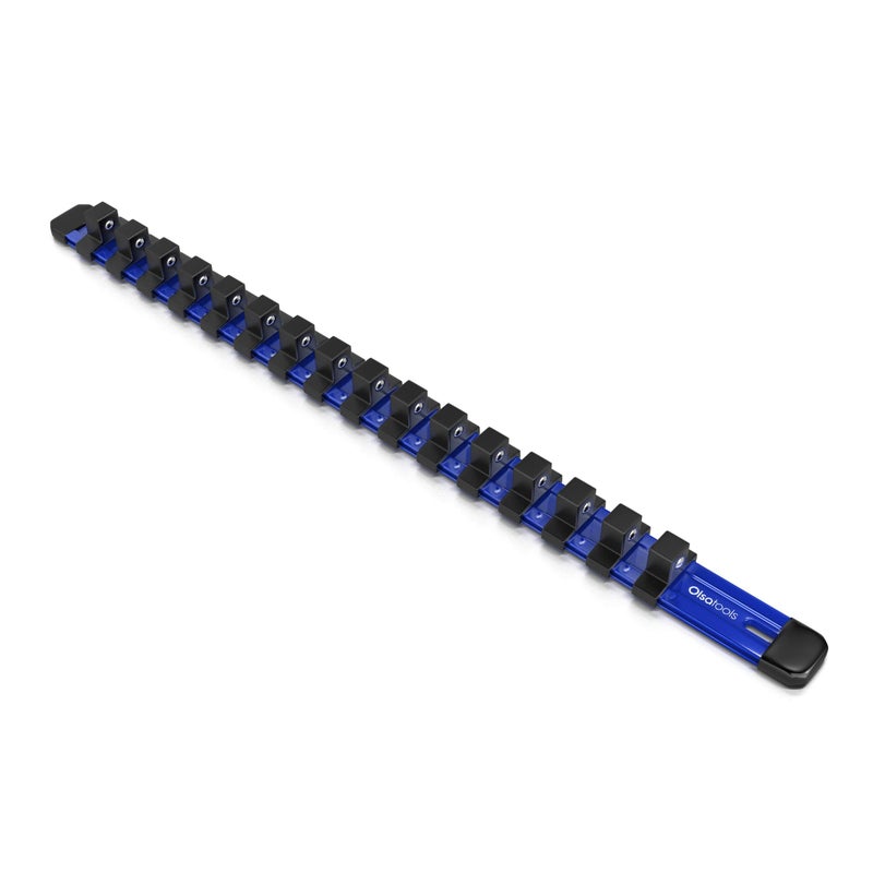 Olsa Tools Socket Organizer - 1/2-Inch Drive Socket Holder Rail - Blue Aluminum Socket Rail, Stores 16 Impact or Chrome Sockets - Professional Grade Metric or SAE Socket Organizer - Part: 1015