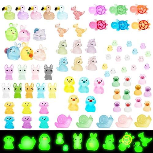 HAPTIME 113Pcs Luminous Mini Resin Animals Glass Animals Figures to Hide Trinkets Miniature Figurines Glow in Dark Mini Ducks Dinosaurs Frogs for Landscape Dollhouse Decor Fairy Garden Accessories - Image 1