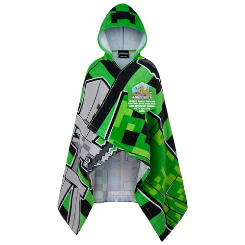 Minecraft Towelling Poncho Kids Teens Hooded Bath Towels Absorbent Beach Towel (Green/Black, 6-14 Years) - Image 1