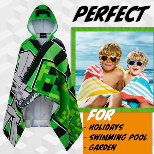 Minecraft Towelling Poncho Kids Teens Hooded Bath Towels Absorbent Beach Towel (Green/Black, 6-14 Years) - Image 2