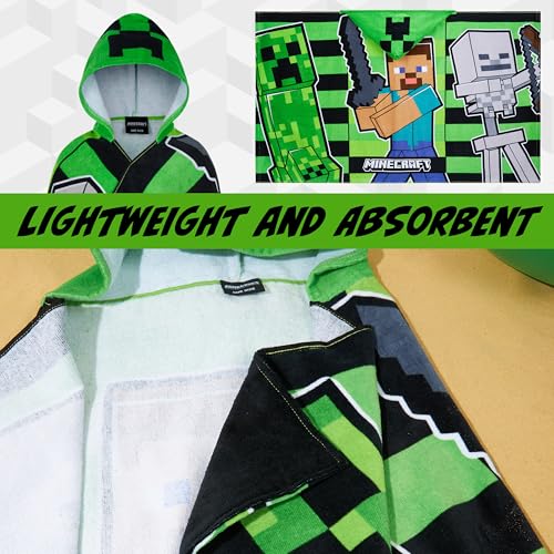 Minecraft Towelling Poncho Kids Teens Hooded Bath Towels Absorbent Beach Towel (Green/Black, 6-14 Years) - Image 4