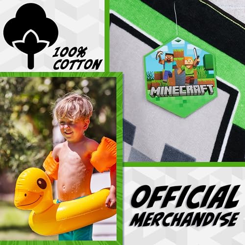 Minecraft Towelling Poncho Kids Teens Hooded Bath Towels Absorbent Beach Towel (Green/Black, 6-14 Years) - Image 3