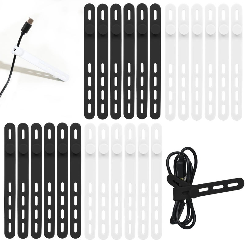 Donruby 24Pcs Silicone Cable Ties - Reusable & Washable with Locking Buckles, Adjustable Fastening Cable Management Straps, Multi-Purpose High Elasticity Cord Organizer (Black & White) - Image 1