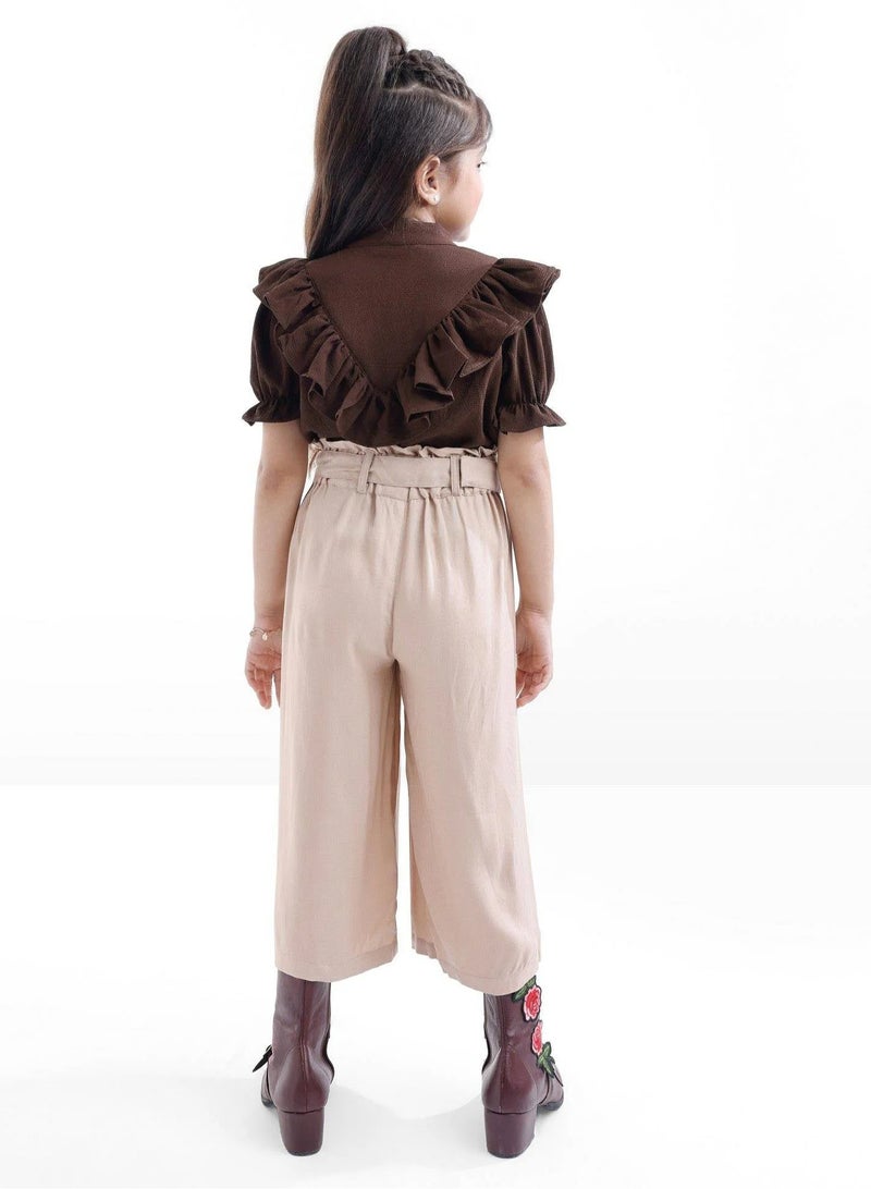 OLLINGTON ST. Woven Frill Sleeves Top With Bow & Twill Culottes & Belt- Brown & Beige  - Image 2
