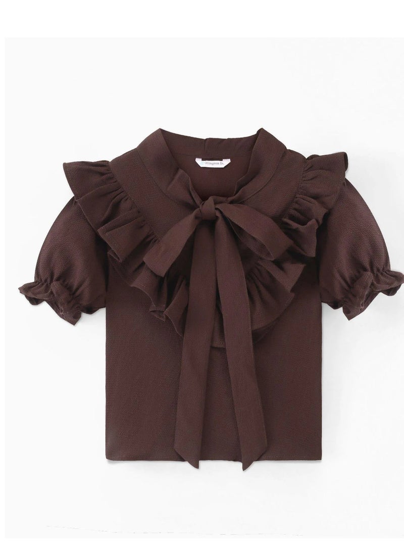 OLLINGTON ST. Woven Frill Sleeves Top With Bow & Twill Culottes & Belt- Brown & Beige  - Image 3
