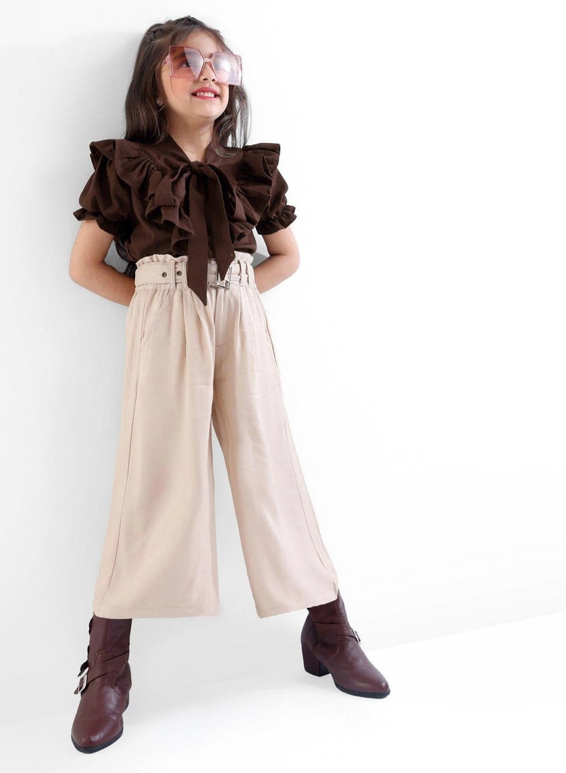 OLLINGTON ST. Woven Frill Sleeves Top With Bow & Twill Culottes & Belt- Brown & Beige  - Image 1