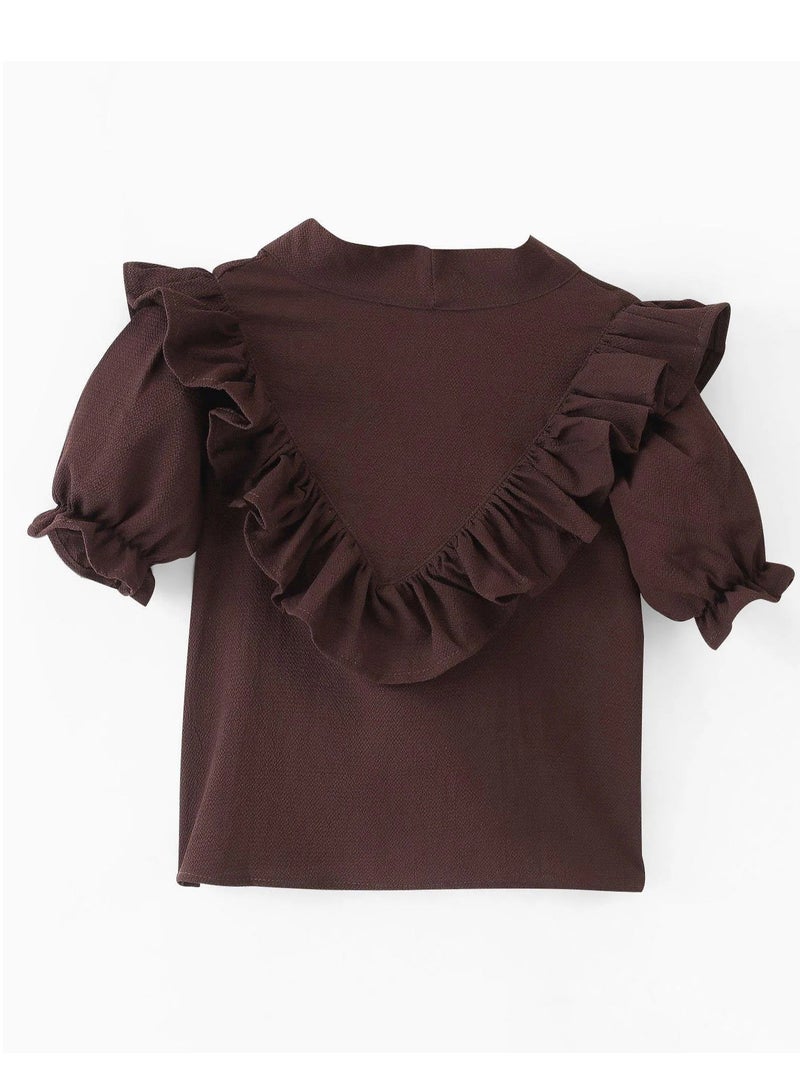 OLLINGTON ST. Woven Frill Sleeves Top With Bow & Twill Culottes & Belt- Brown & Beige  - Image 4