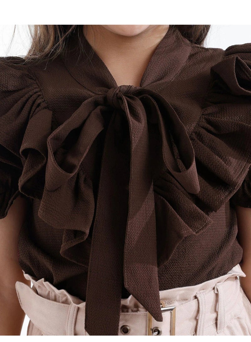OLLINGTON ST. Woven Frill Sleeves Top With Bow & Twill Culottes & Belt- Brown & Beige  - Image 5