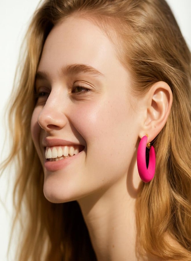 ZENCHEER Chunky Clip on Hoop Earrings for Women, Detachable Statement Non Pierced Clips Vintage Retro 60s 70s 80s 90s Accessories Outfit Party Halloween Costumes Jewelry Gifts,Hot Pink,Hot Pink - Image 5
