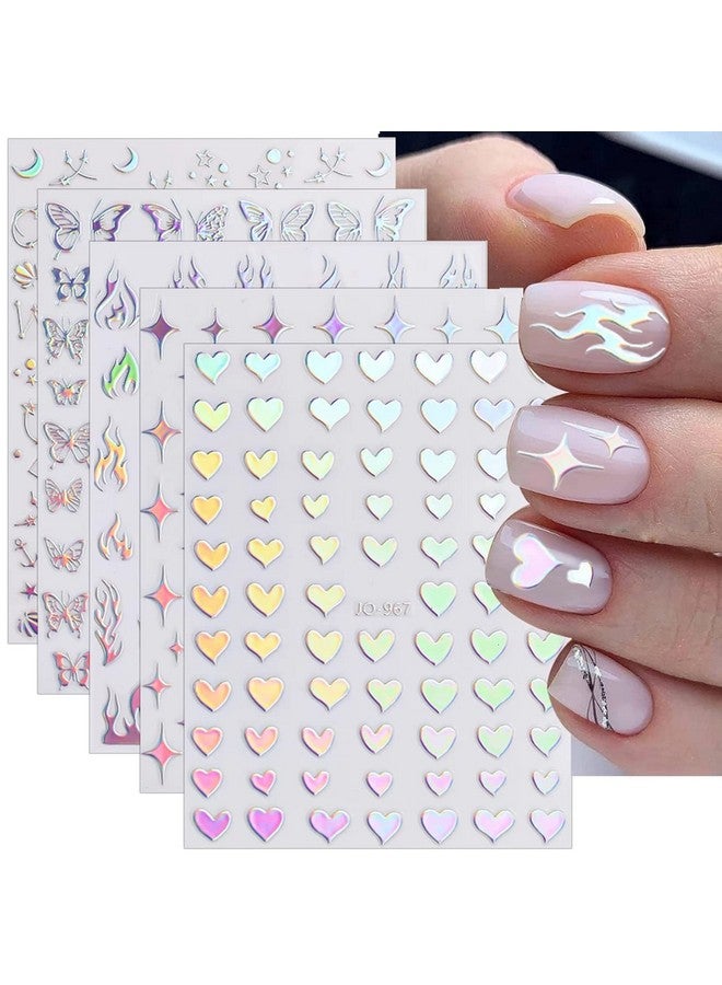 LRKNNO 8 Sheets Butterfly Nail Art Stickers 3D Self Adhesive Nail Art Design Heart Laser Nail Sticker Holographic Glitter Butterfly Flame Laser Silver Flowers Nail Decals For Women Girls Diy Manicure Tips - Image 1