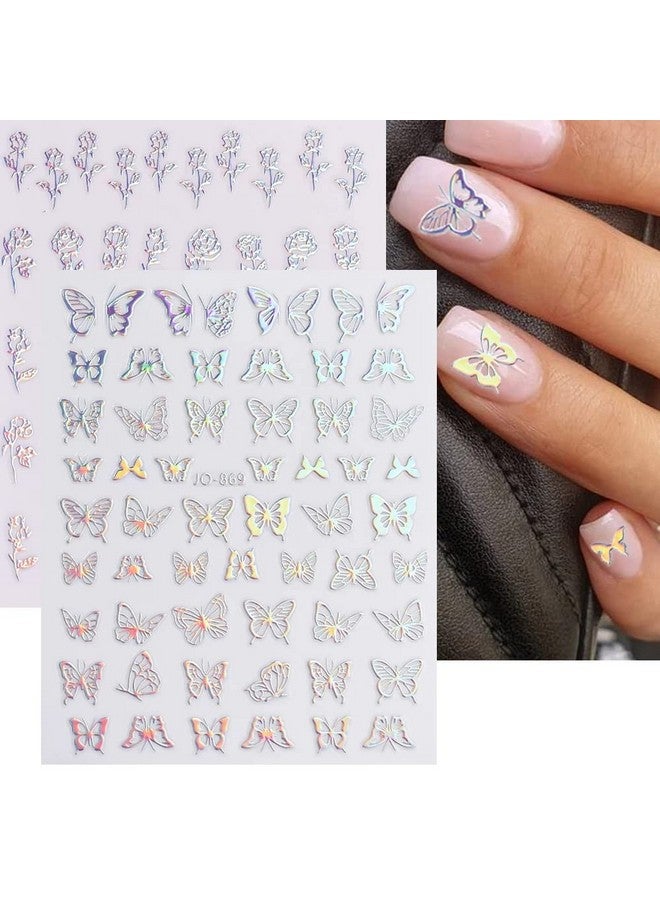 LRKNNO 8 Sheets Butterfly Nail Art Stickers 3D Self Adhesive Nail Art Design Heart Laser Nail Sticker Holographic Glitter Butterfly Flame Laser Silver Flowers Nail Decals For Women Girls Diy Manicure Tips - Image 4