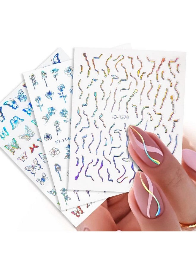 LRKNNO 8 Sheets Butterfly Nail Art Stickers 3D Self Adhesive Nail Art Design Heart Laser Nail Sticker Holographic Glitter Butterfly Flame Laser Silver Flowers Nail Decals For Women Girls Diy Manicure Tips - Image 2