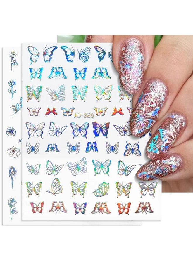 LRKNNO 8 Sheets Butterfly Nail Art Stickers 3D Self Adhesive Nail Art Design Heart Laser Nail Sticker Holographic Glitter Butterfly Flame Laser Silver Flowers Nail Decals For Women Girls Diy Manicure Tips - Image 3