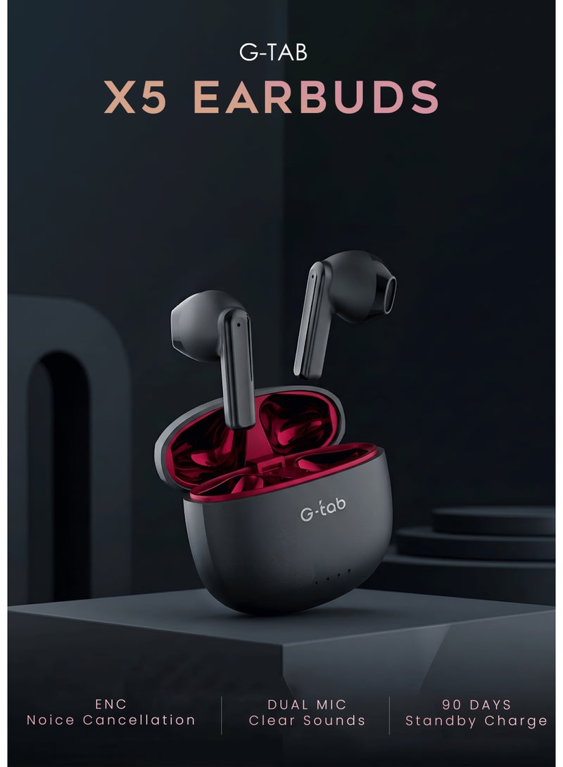 G-Tab X5 Noise Cancelling Bluetooth Earbuds with ENC, True Wireless Earbuds, Dual Mic, Touch Control, Auto Connect, 90 Days Standby, Bluetooth Earphone – Black - Image 2