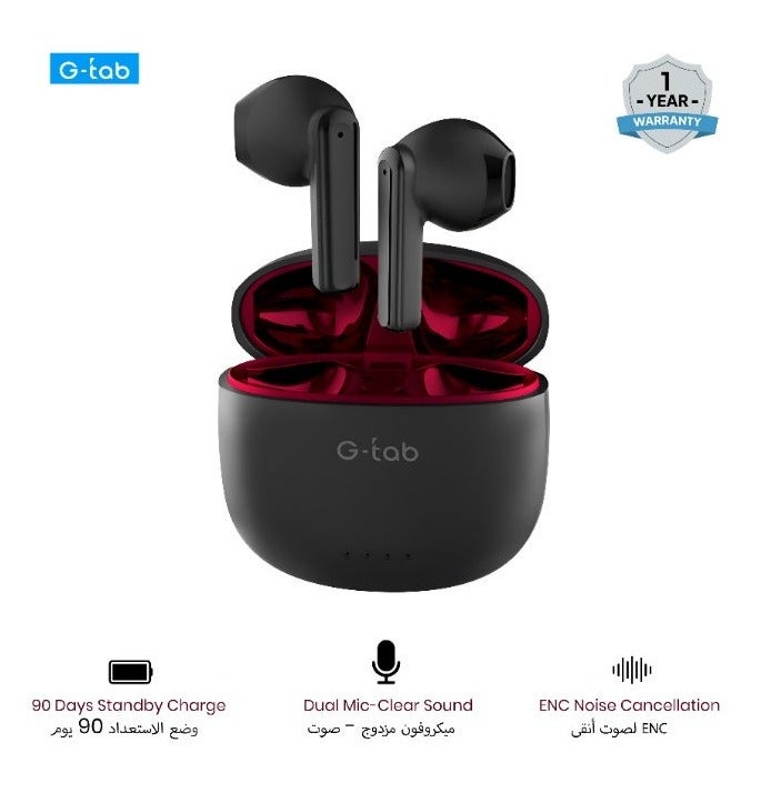 G-Tab X5 ENC Wireless Bluetooth Earphone True Wireless Earbuds Dual Mic with Touch Control and Auto Connect, 90 Days Standby Long Battery Life In-Ear Bluetooth Earphone – Black - Image 1