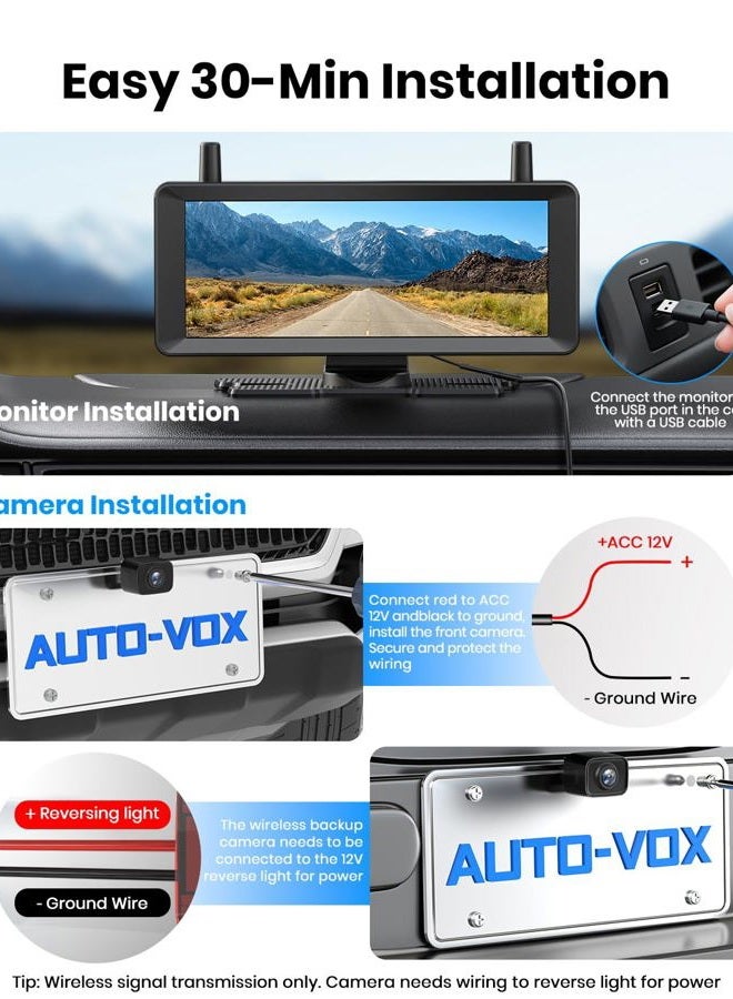 AUTO-VOX 2 Wireless Backup Camera: 7.2" USB-Powered Dual Split-Screen 1080P HD Monitor with DVR Recording, Front and Rear Coverage, Stable Signal, Back Up Camera for Pickup, Trailer, SUV - Image 4