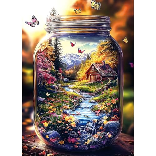MINIWAN 1000 Piece Jigsaw Puzzle for Adults Enchanted Mountain Jar with Log Cabin Butterflies 275x197 Inch Unique Art Puzzle Challenging Hard Difficult Puzzles for Adults - Image 1