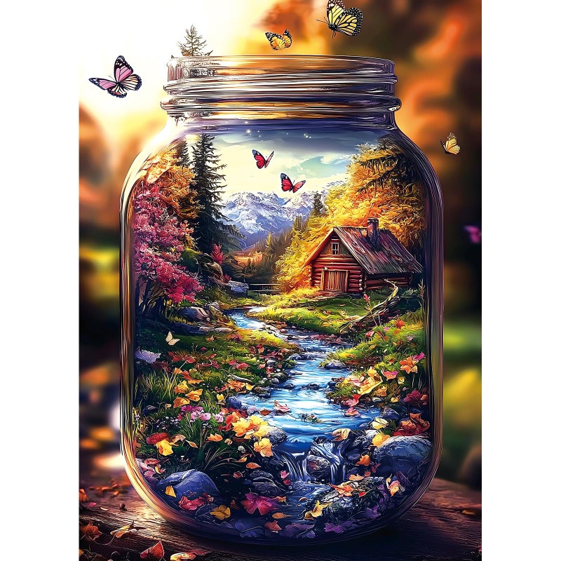 MINIWAN 1000 Piece Jigsaw Puzzle for Adults Enchanted Mountain Jar with Log Cabin Butterflies 275x197 Inch Unique Art Puzzle Challenging Hard Difficult Puzzles for Adults - Image 3