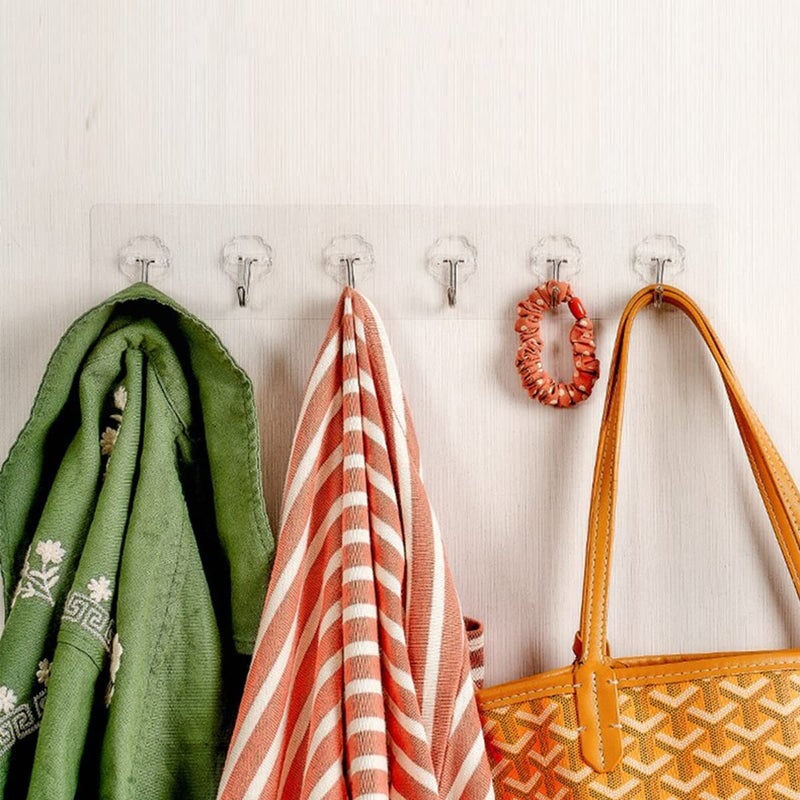 FORCE 24 خطافات حائط ذاتية اللصق لتنظيم المطبخ خطاف للحائط بدون حفر للمنزل مطبخ حمام غرفة نوم مفاتيح حقيبة مناشف - 6 خطافات من الفولاذ المقاوم للصدأ مع شريط بلاستيكي (فضي عبوة 1) - Image 2