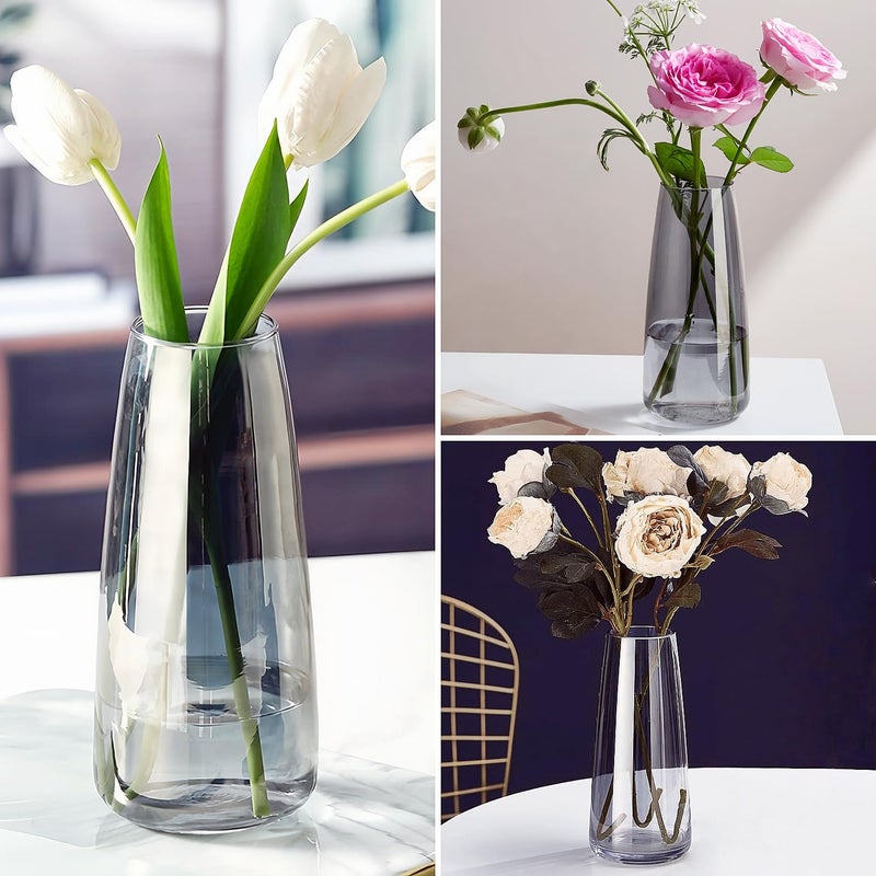 FANTESTICRYAN Crystal Clear Glass Vase, Flower Vase for Table Centerpiece Home Decor, Modern Vases for Living Room, Wedding, Office, Coffee Table, Birthday Housewarming Gift, 8.3inch (Gray) - Image 5