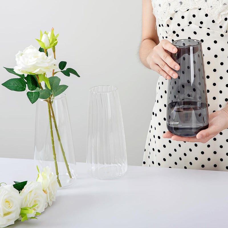 FANTESTICRYAN Crystal Clear Glass Vase, Flower Vase for Table Centerpiece Home Decor, Modern Vases for Living Room, Wedding, Office, Coffee Table, Birthday Housewarming Gift, 8.3inch (Gray) - Image 4