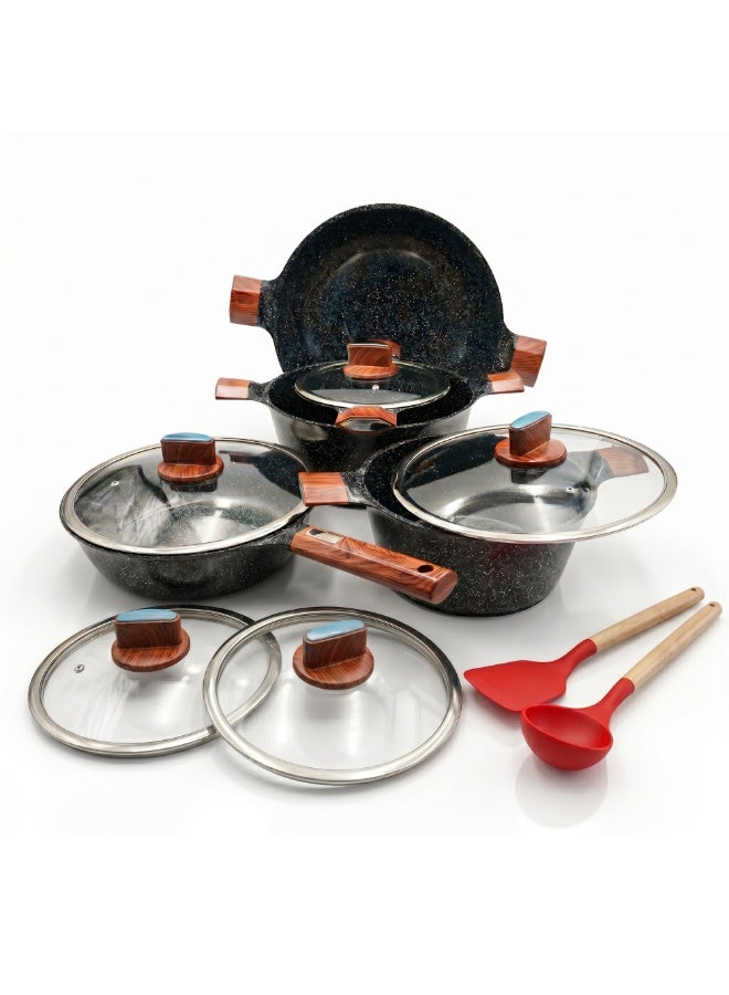 BMN 12 Piece Granite Cookware Set Non Stick Pots and Pans with Lids, Aluminium Casserole 20 24 28 cm, Deep Fry Pan 28 cm, Wok 34 cm, Induction Compatible Cooking Set - Image 1