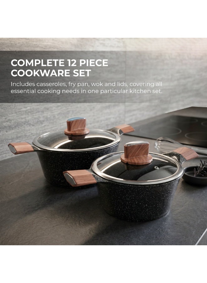 BMN 12 Piece Granite Cookware Set Non Stick Pots and Pans with Lids, Aluminium Casserole 20 24 28 cm, Deep Fry Pan 28 cm, Wok 34 cm, Induction Compatible Cooking Set - Image 2